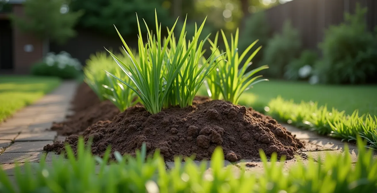Massif surélevé dans un jardin, avec des iris plantés sur une butte drainante et un sol argileux visible autour.