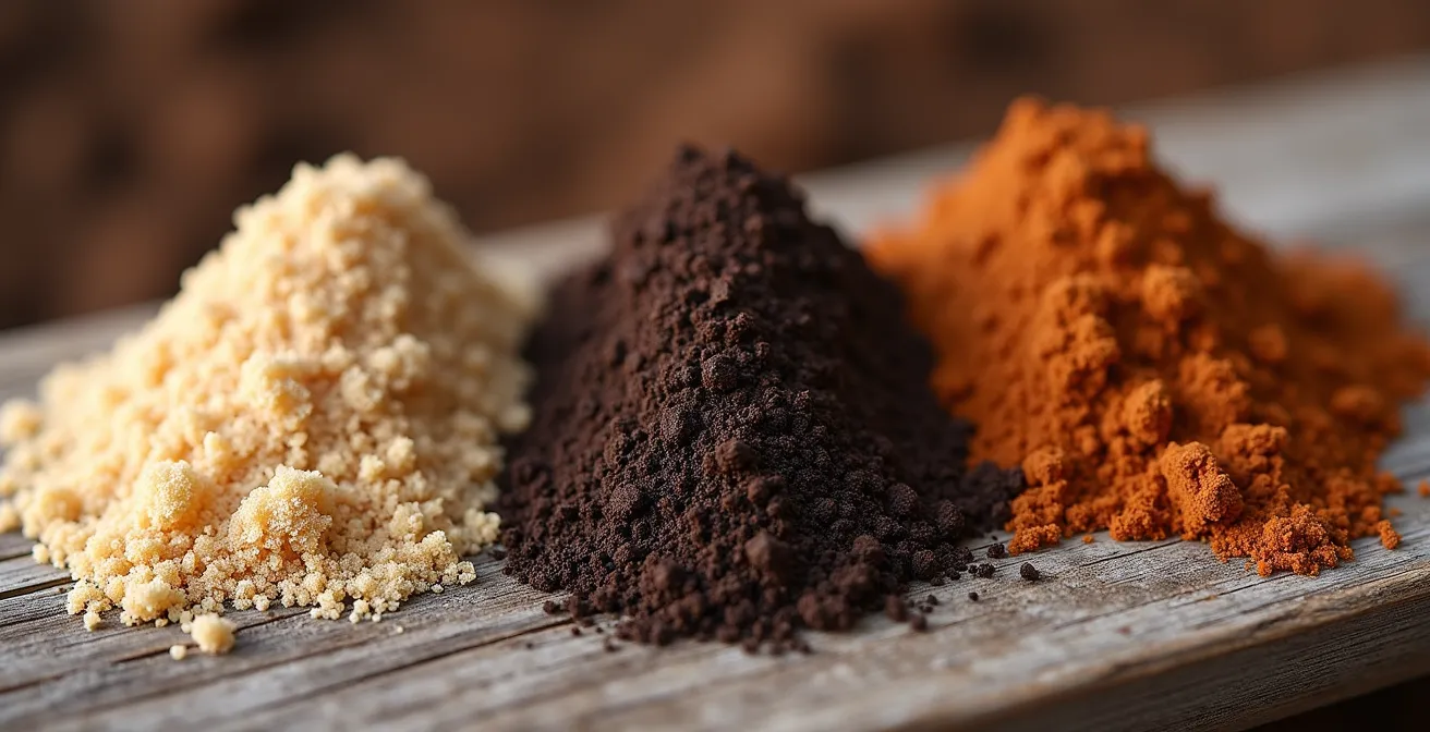 Comparaison visuelle de différents amendements pour sol argileux : sable, compost, pouzzolane