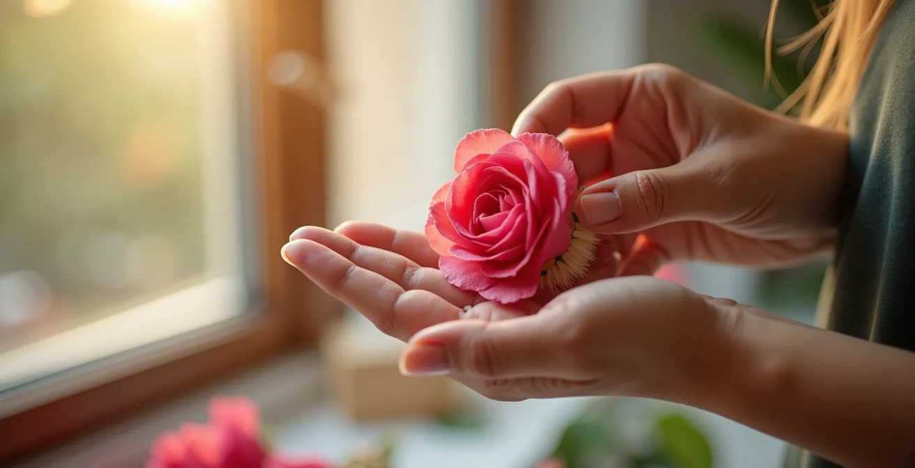 Main nettoyant délicatement des pétales de fleur artificielle avec un pinceau doux