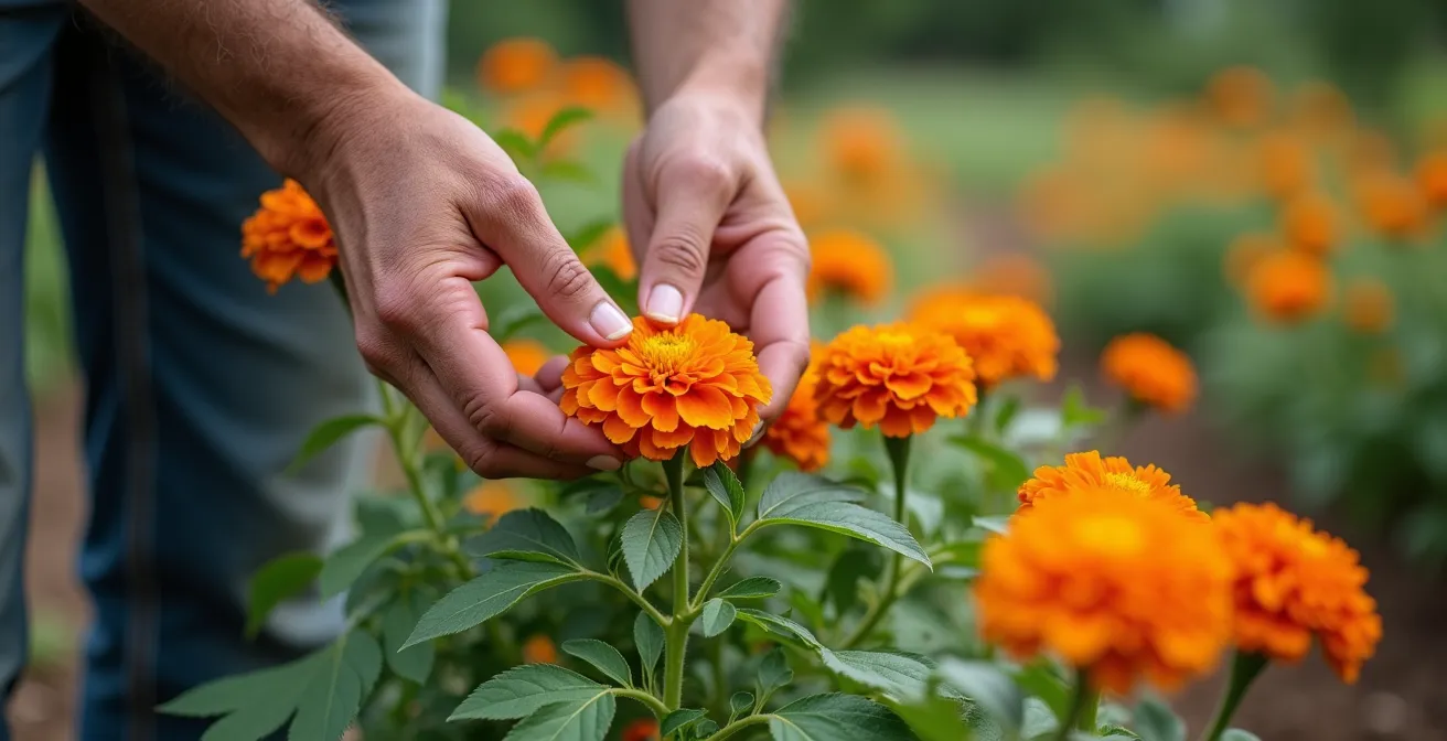 Œillets d'Inde orange vif plantés entre des pieds de tomates
