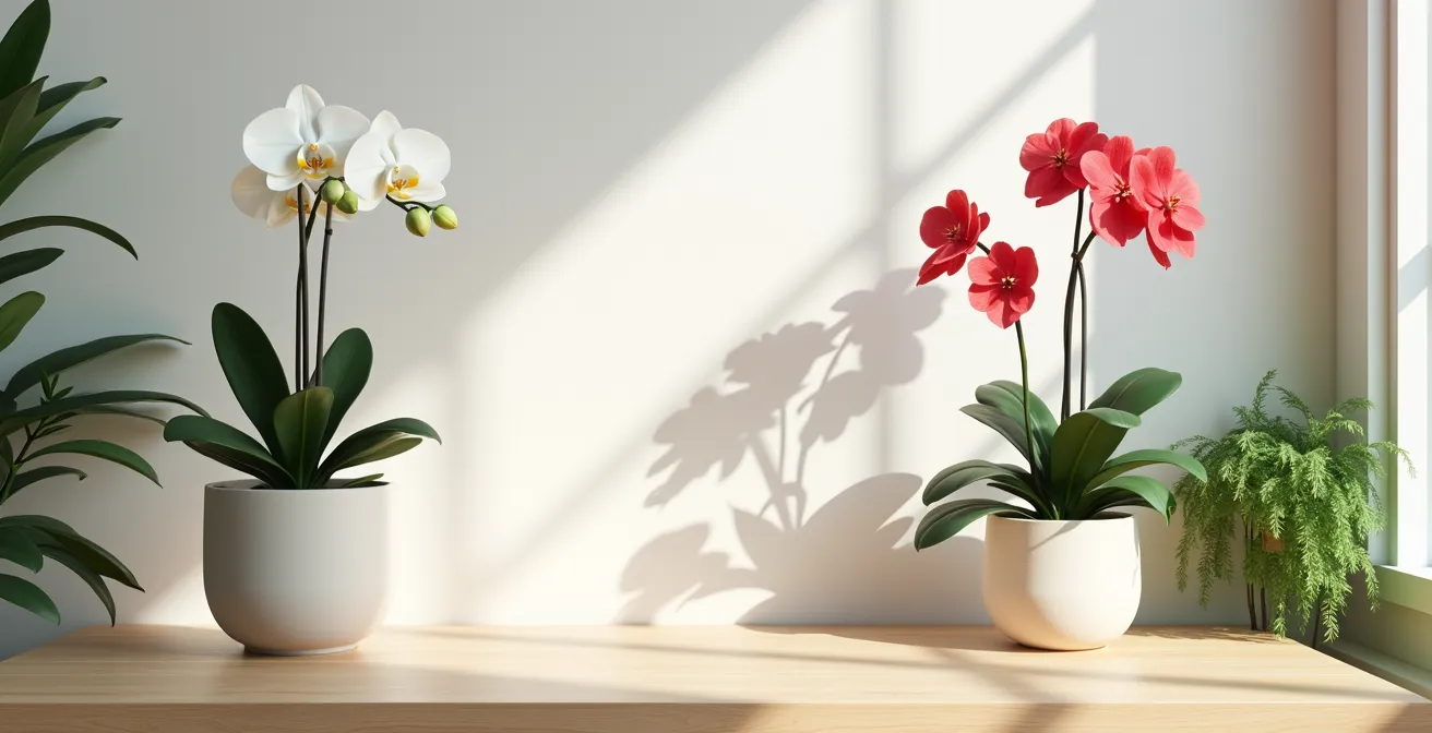 Orchidée blanche et anthurium rouge en pots élégants sur table en bois