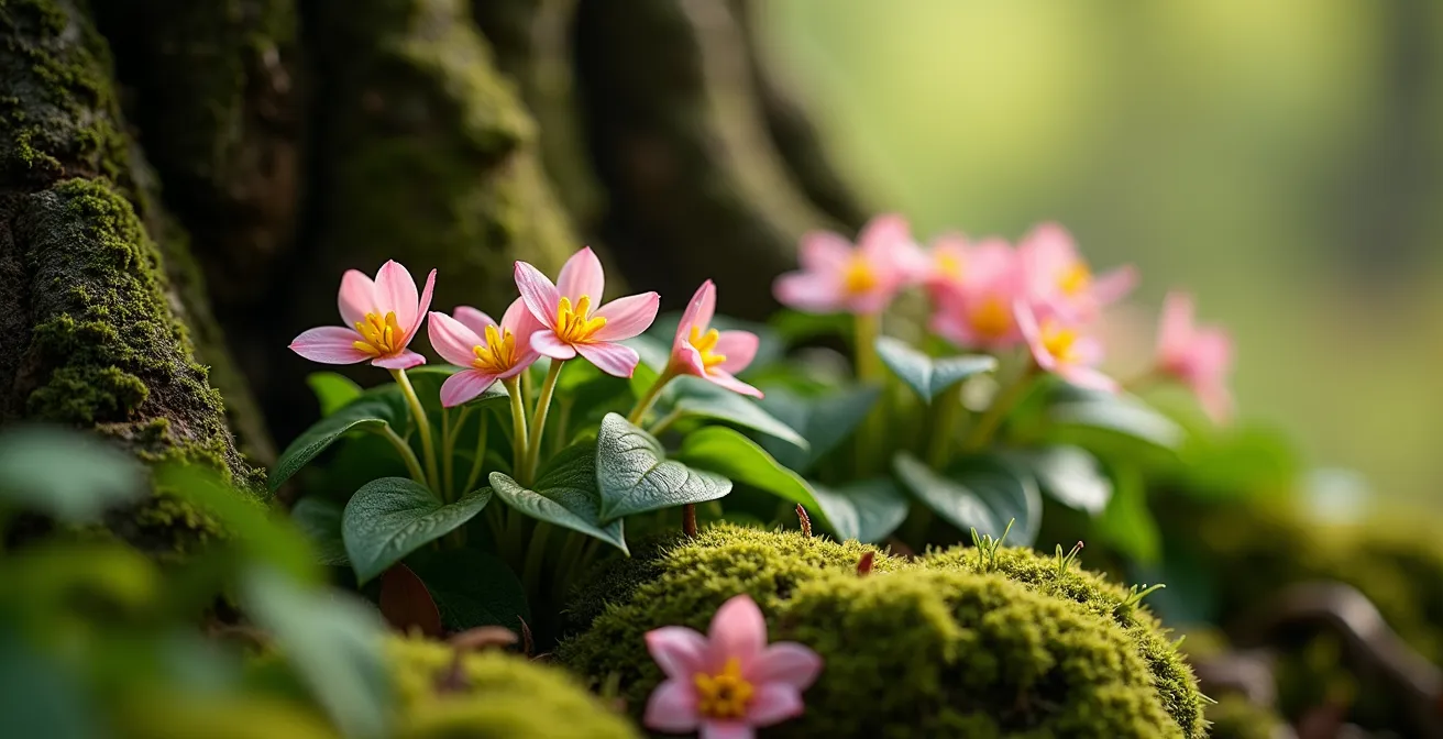 Épimédiums et pervenches florissants au pied d'un grand chêne