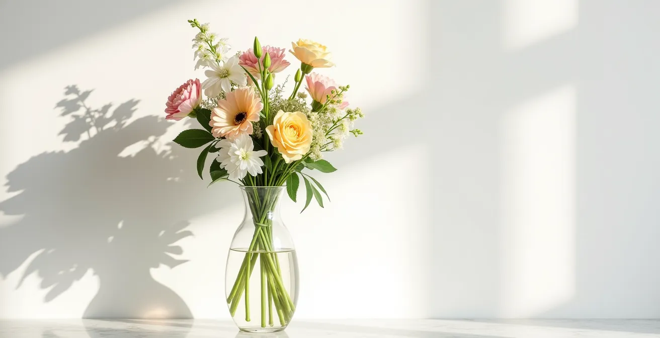 Démonstration visuelle du centre de gravité dans une composition florale haute