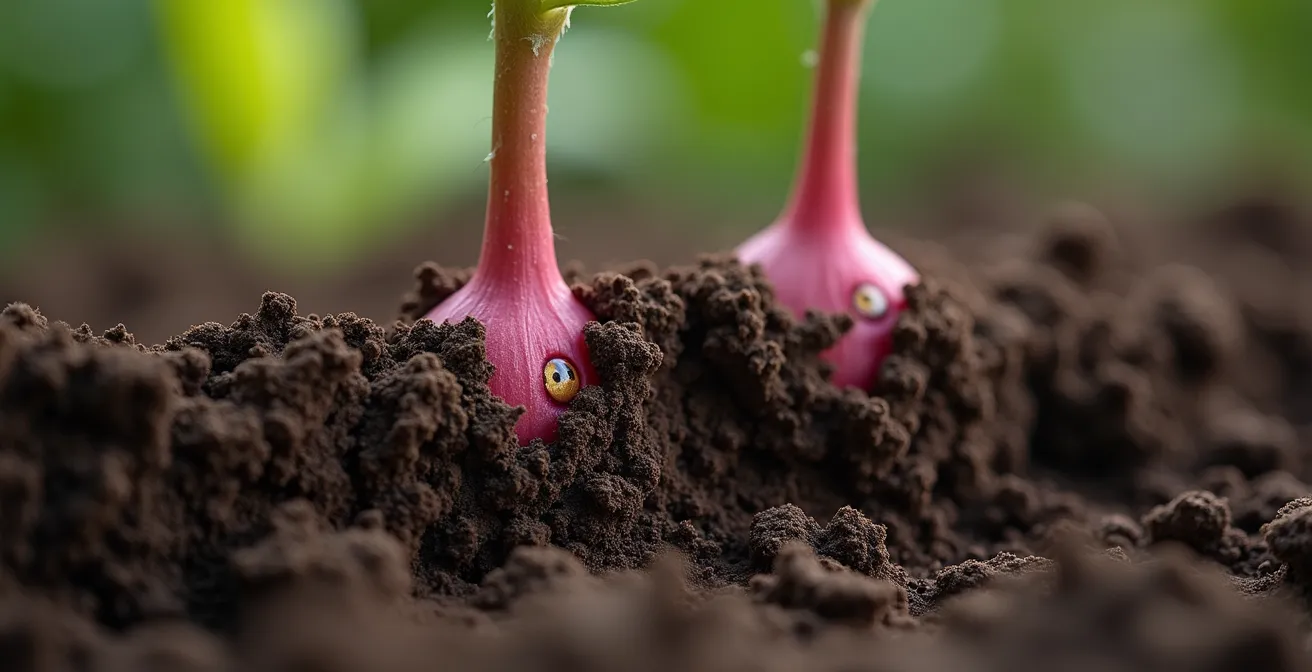 Gros plan sur racine de pivoine avec yeux roses positionnés à 3 cm sous terre