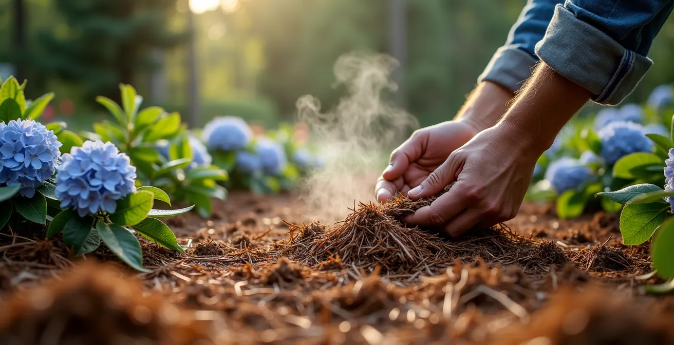 Branches de sapin séchées utilisées comme paillage naturel au pied de plantes dans un jardin.