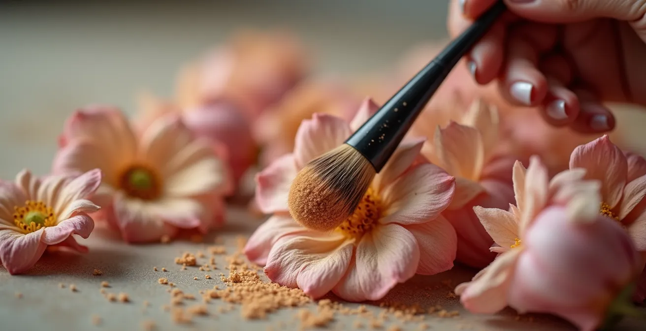 Mains délicates appliquant un fixatif professionnel sur un vieux bouquet de roses séchées