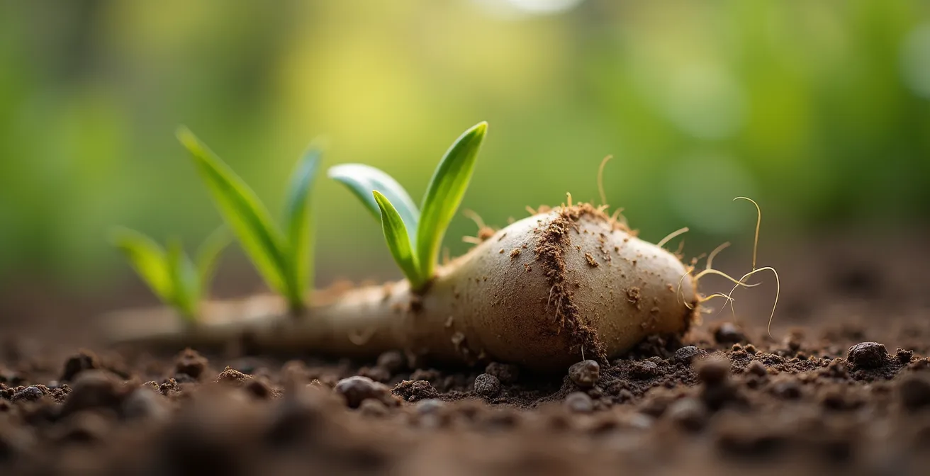 Gros plan d’un rhizome d’iris barbu partiellement exposé à la surface du sol, éclairé par le soleil.