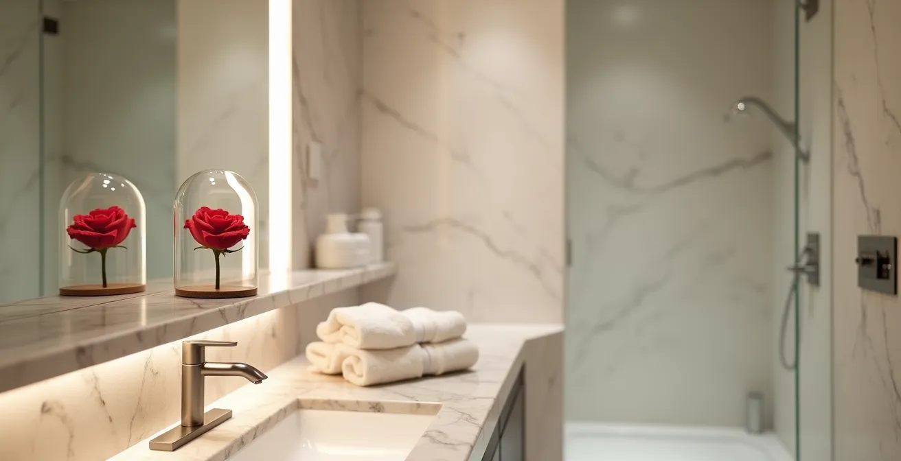 Rose éternelle rouge dans une salle de bain moderne sans fenêtre