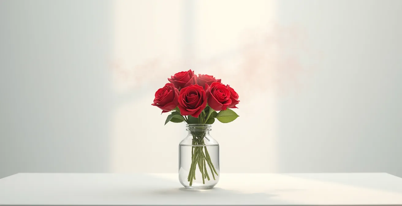Vase transparent avec roses rouges dans une eau tiède montrant de légères volutes de vapeur
