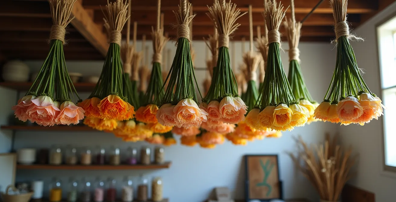 Renoncules suspendues tête en bas pour séchage dans un atelier de fleuriste