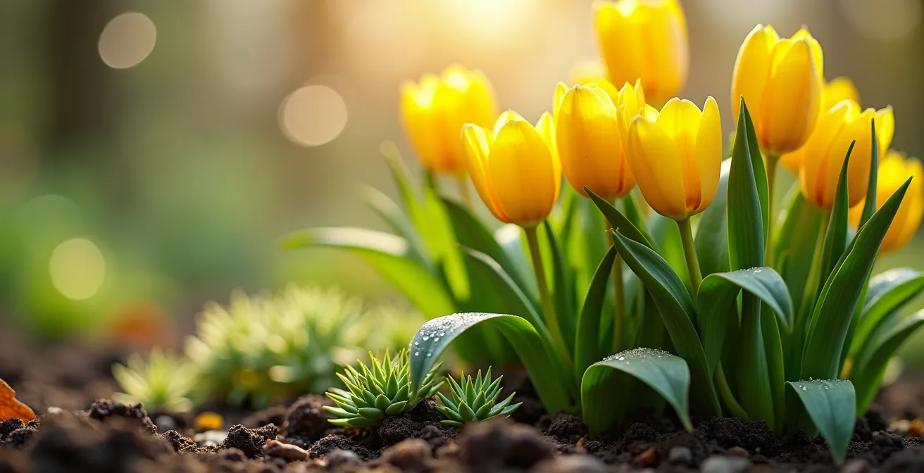 Vue macro montrant la superposition de trois étages de végétation dans un petit espace