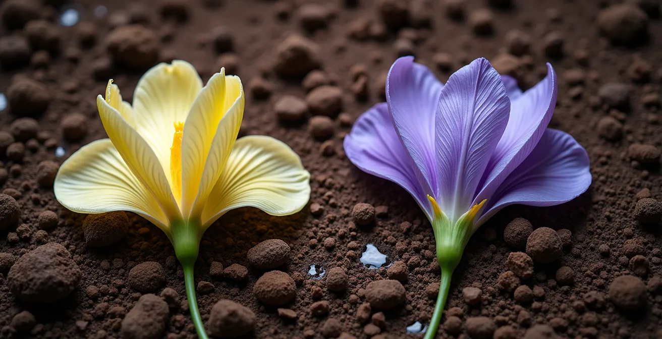 Feuilles d’iris taillées en éventail en forme de V inversé, avec des gouttes d’eau s’écoulant vers l’extérieur du cœur.