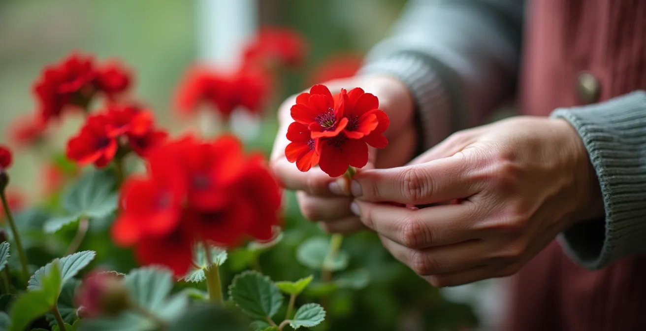 Mains pinçant délicatement le bourgeon terminal d'un géranium pour stimuler la ramification