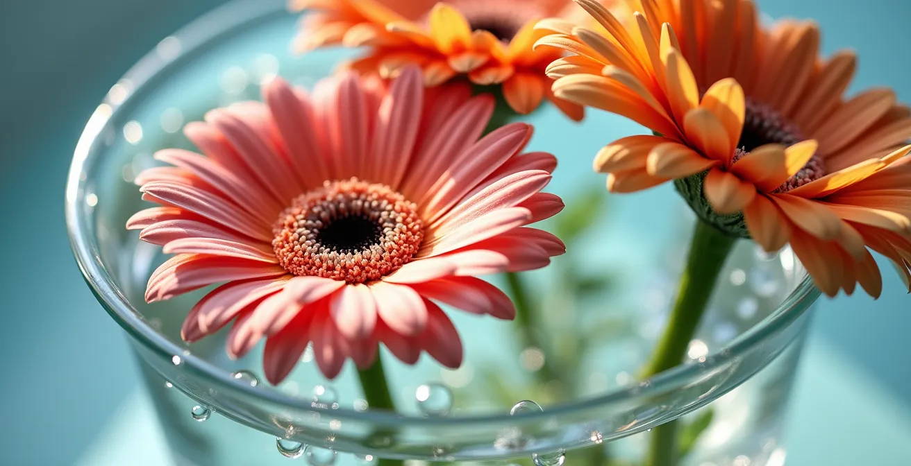 Vue macro de l'eau dans un seau de fleuriste montrant des micro-bulles et la transparence cristalline