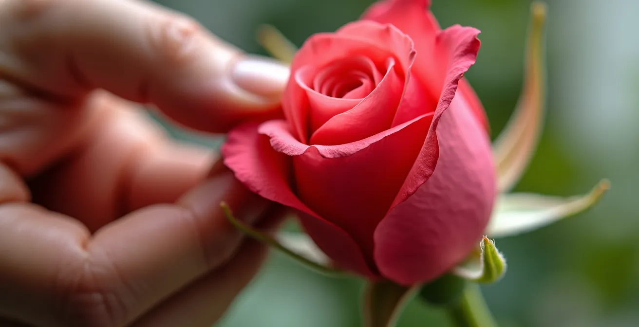 Gros plan sur des doigts pressant délicatement la base du calice d'une rose pour tester sa fermeté