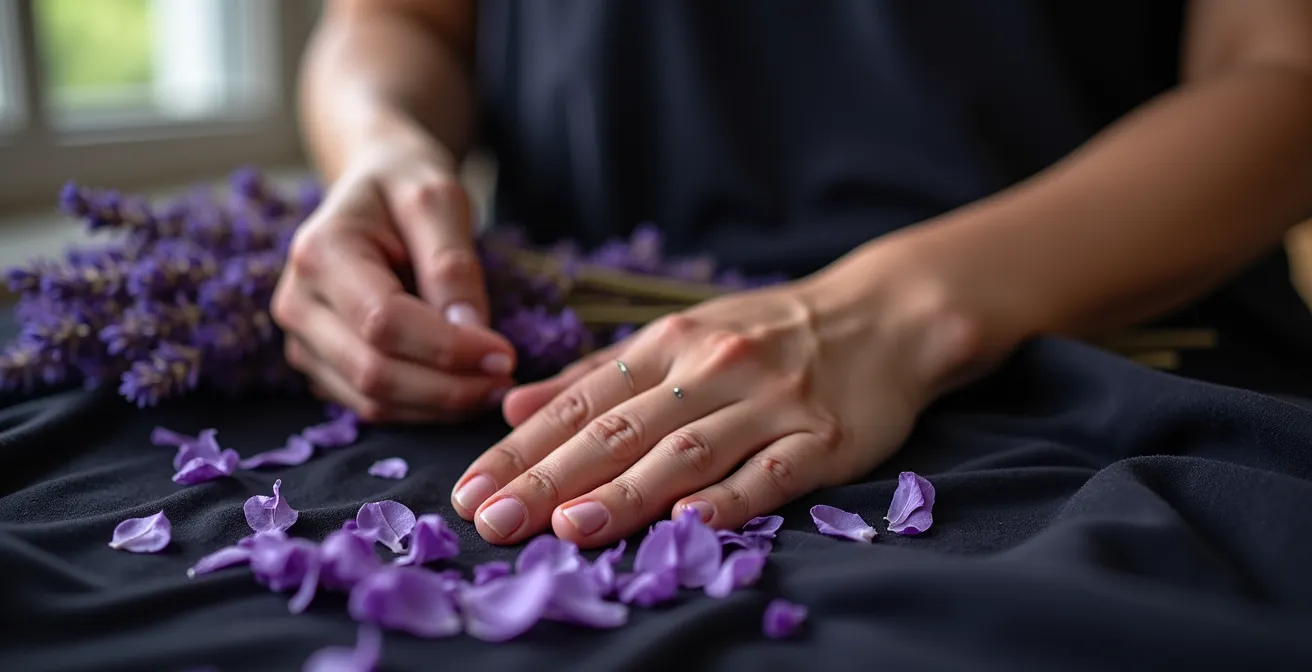 Main tapotant délicatement une tige de lavande séchée au-dessus d'une surface sombre