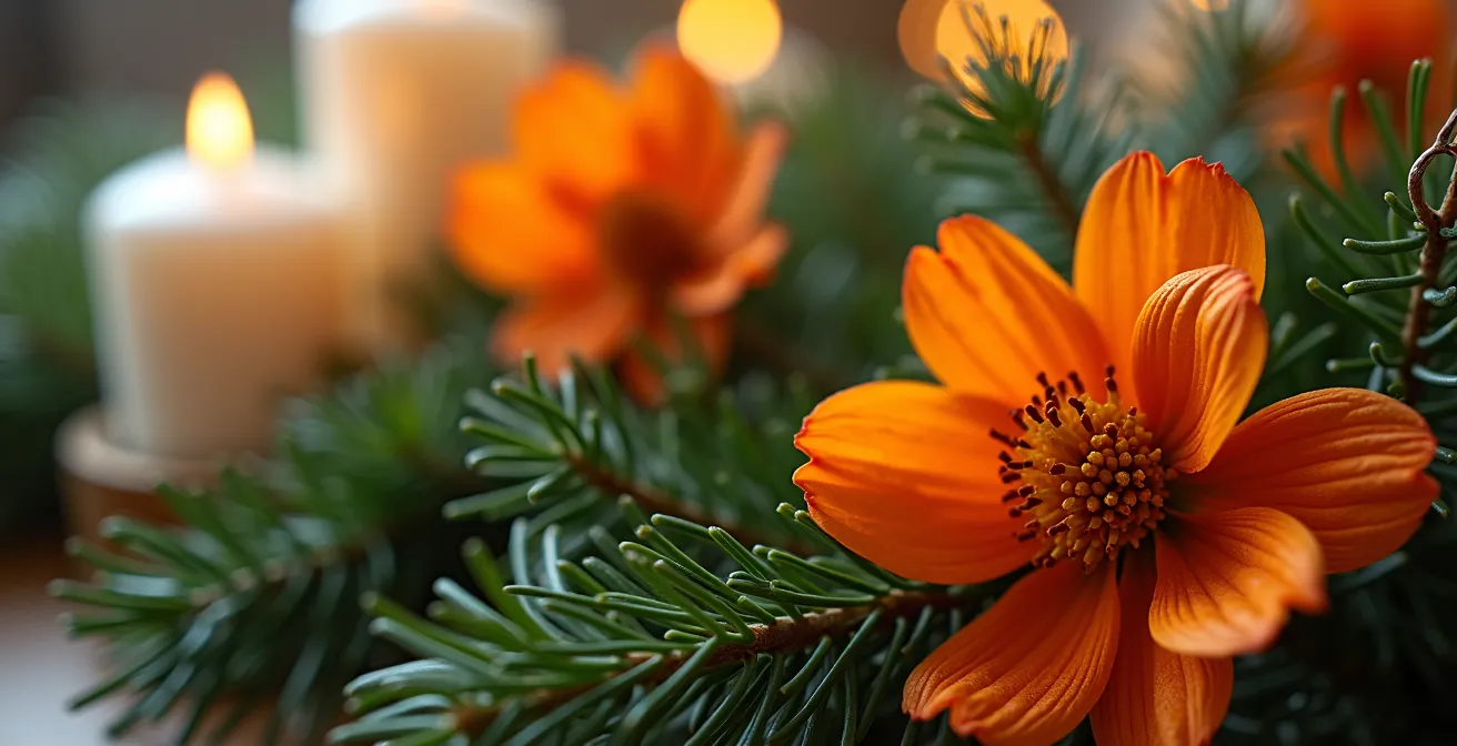 Arrangement floral orange et jaune intégré dans une décoration de transition post-Noël