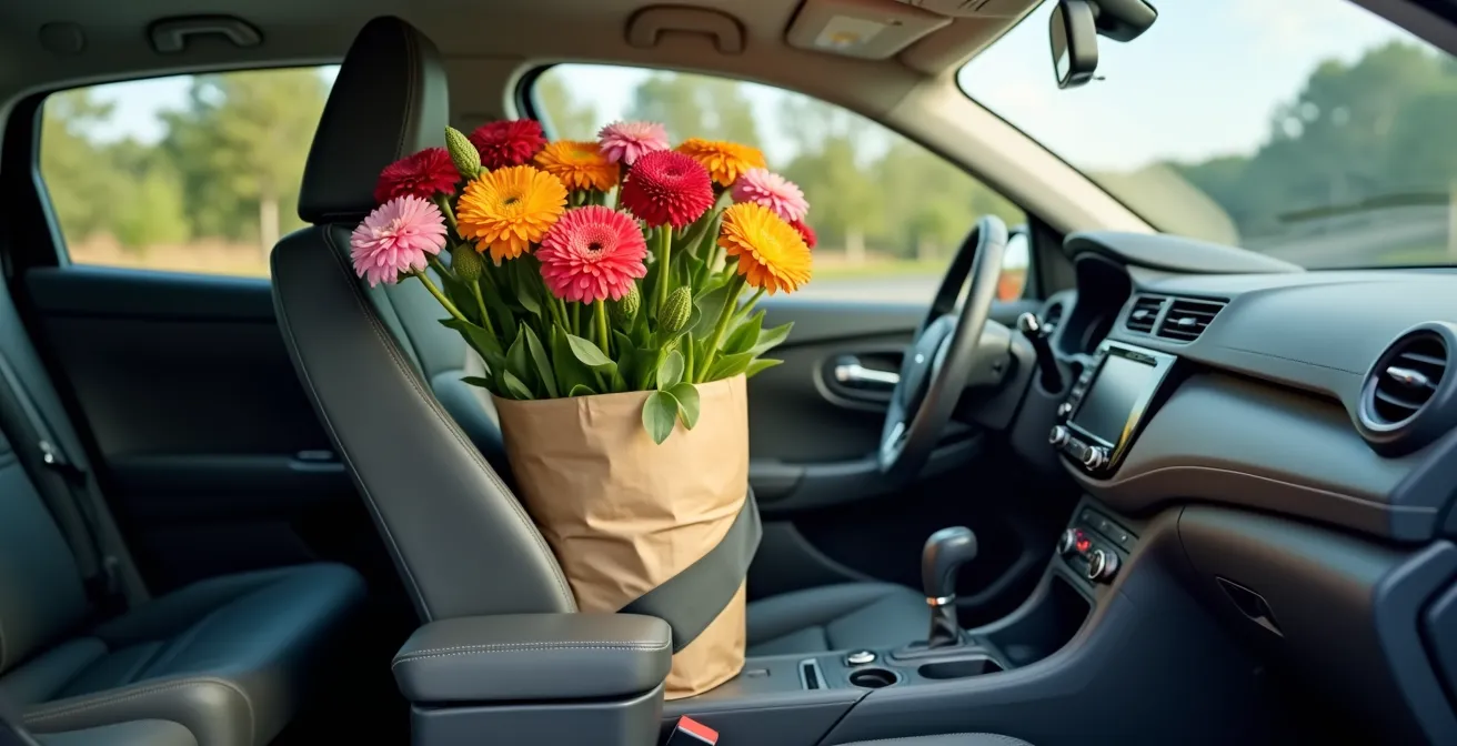 Vue intérieure d'une voiture montrant un bouquet protégé dans un seau stabilisé sur le siège passager