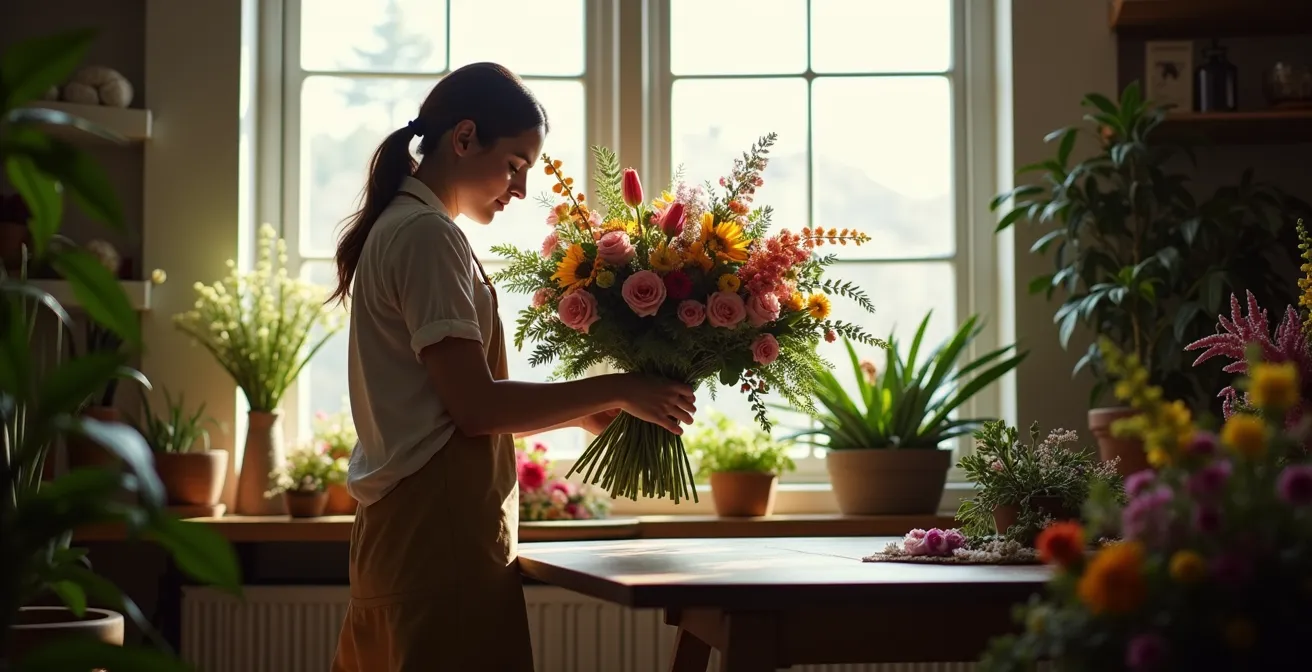 Fleuriste tenant un bouquet en construction verticalement, montrant la technique de rotation à 360 degrés