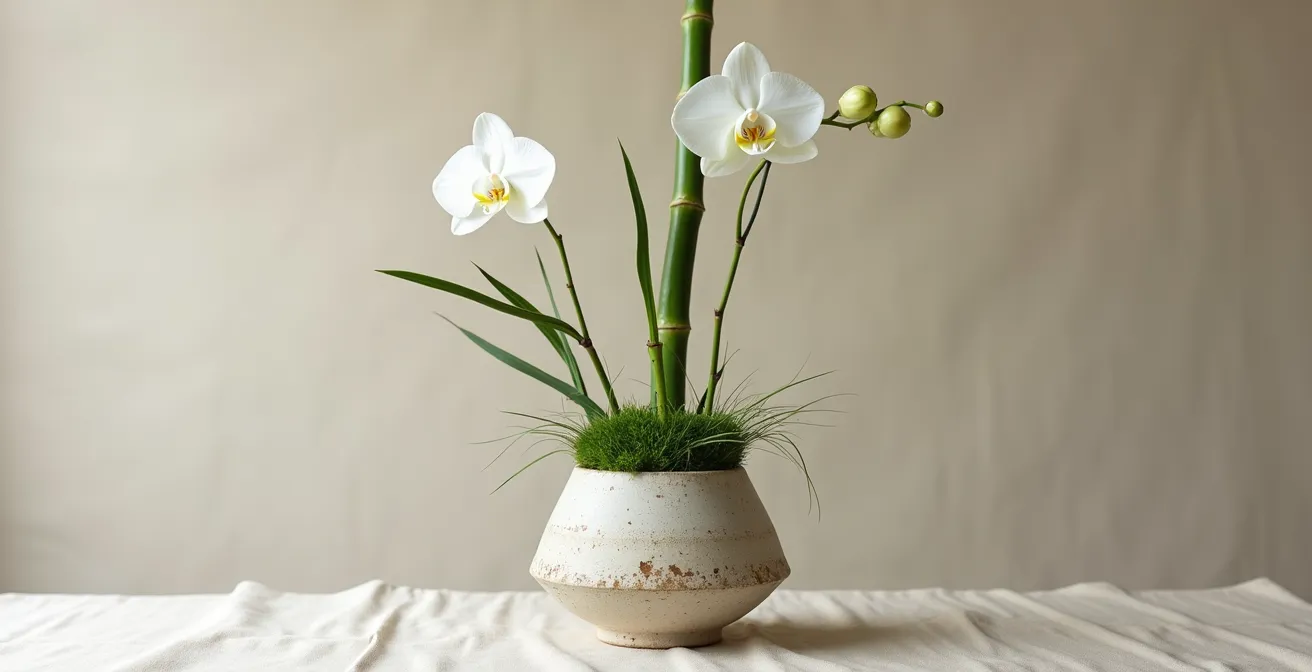 Arrangement floral japonais ikebana avec vase en céramique artisanale et trois tiges asymétriques