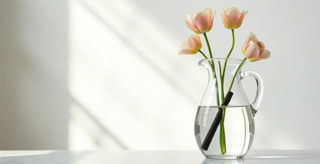 Morceau de charbon actif dans une carafe d'eau avec des tiges de fleurs